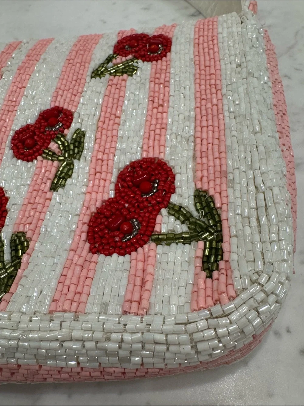 🍒Handcrafted in India Viral Beaded Cherry Shoulder Bag Cherries Pink Striped - Picture 9 of 13